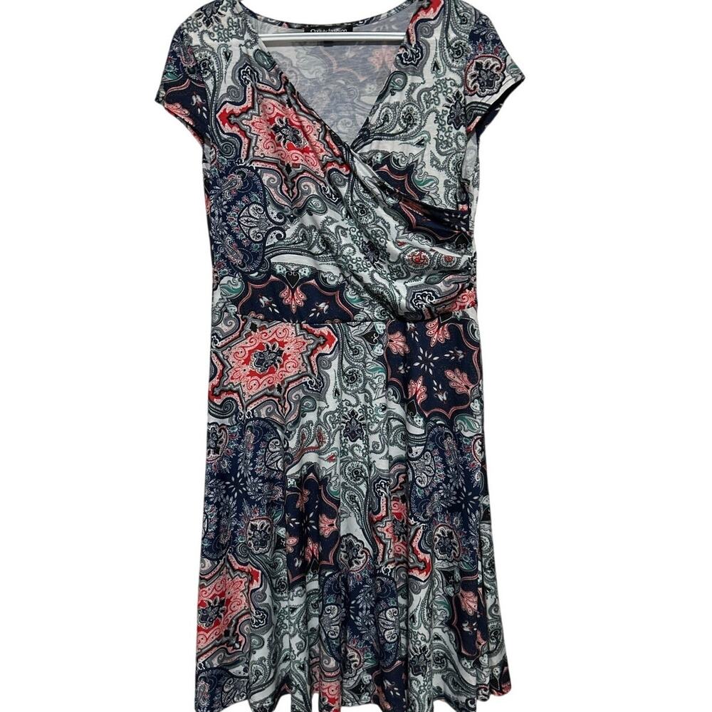 Oxiuly Fashion Women's Blue Green Paisley Cross V-Neck Cap Sleeve Dress Size XL